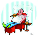Zeichnung eines Mannes in einem Sessel. Er ist eine Bratwurst, trinkt Bier und raucht. 