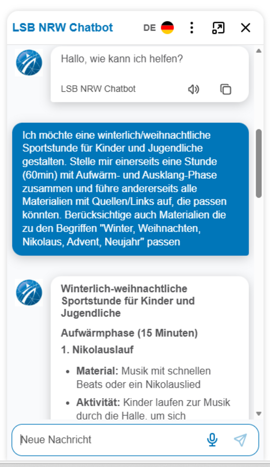 Promt für den KI-Chatbot: Ich möchte eine winterlich/weihnachtliche Sportstunde für Kinder und Jugendliche gestalten. Stelle mit eine Stunde (60min) mit Aufwärm- und Ausklangphase zusammen und führe Materialien mit Wellen/Links auf, die passen könnten. Berücksichtige dabei auch Materialien, die zu den Begriffen "Winter, Weihnachten, Nikolaus, Advent, Neujahr" passen.