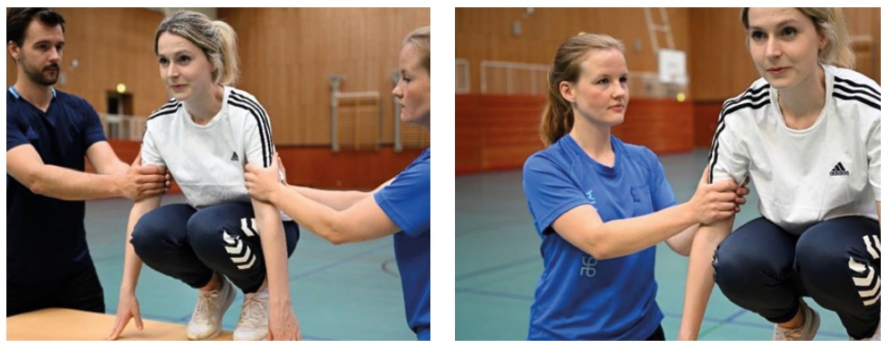 Der Klammergriff wird je nach Leistungsfähigkeit der Teilnehmer*innen zu zweit oder allein angewandt.