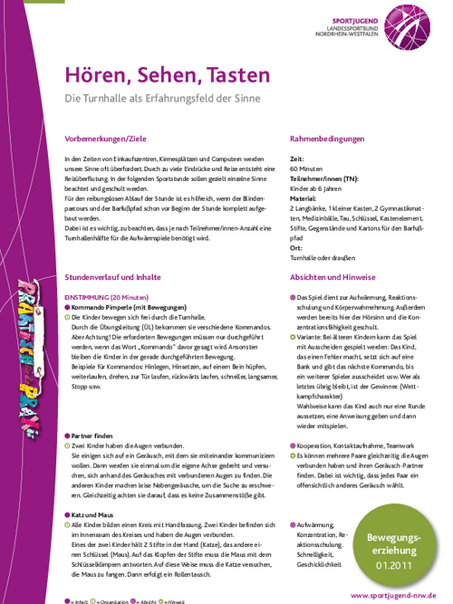 Bewegungserziehung Stundenbeispiel: Hören, Sehen, Tasten