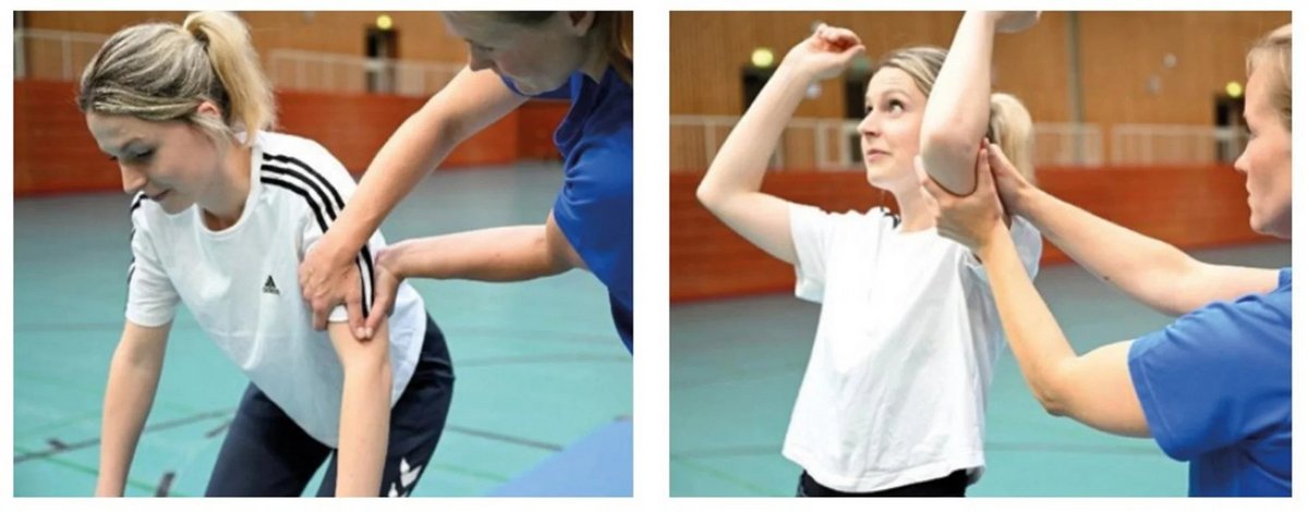 Der Drehgriff rückwärts in der Nahaufnahme. Im linken Bild ist zu erkennen, dass die Arme der Helferin zunächst gekreuzt sind. In der angedeuteten Überkopfbewegung rückwärts sind die Arme dann in der Parallel-Haltung.