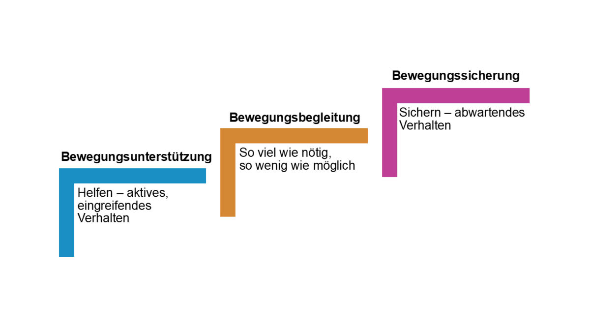 Diagramm zeigt drei Stufen der Hilfe- und Sicherheitsleistungen: Bewegungsunterstützung mit aktivem Helfen, Bewegungsbegleitung mit minimaler Unterstützung, Bewegungssicherung mit abwartendem Verhalten.