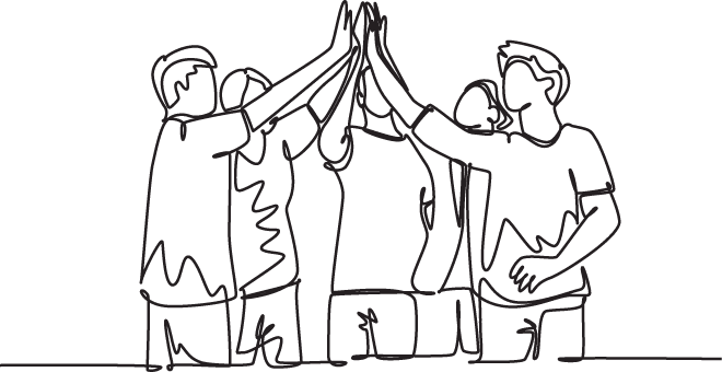 Grafische Darstellung eines Sportvereins als Herzst ck einer lebendigen Nachbarschaft – mit Verbindungen zu Bildung, Integration, Gesundheit und sozialem Engagement aus im Kreis stehender Sportler als gezeichnete Illustration. Illustration Entwurfswerk